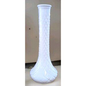 Vintage Hoosier Glass White Milk Glass Quilted Diamond 9" Tall Bud Vase #4092